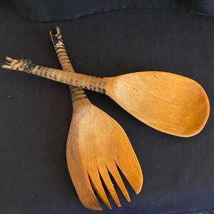 Vintage large salad fork spoon carved wooden wood zebra detail serving utensil